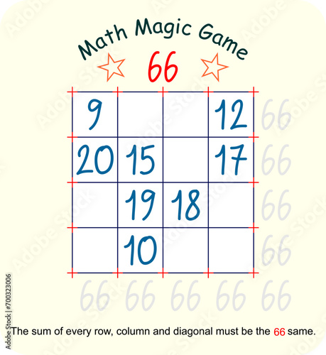Magic math game. (Magic square)  Recreational mathematics and educational series vector illustration.