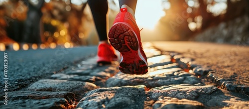 Runner's feet in red-overlayed shoes for fitness, health, exercise, and injury risk in sports and muscle training. photo