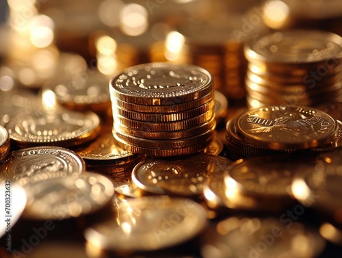 gold coins stacked next to each other on a table in a bokeh image