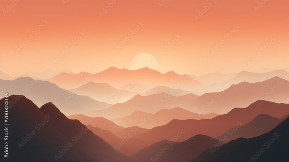  a sunset view of a mountain range with a bird flying over the top of the mountain in the foreground.