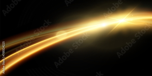 Light effect of shiny gold lines.Gold color glowing design element.Wavy bright stripes.	
