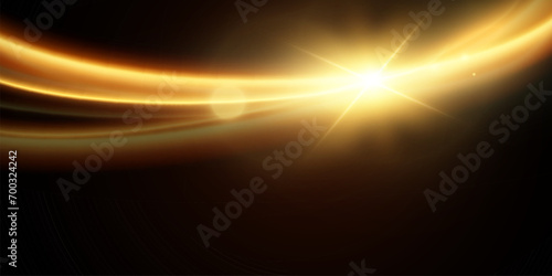 Light effect of shiny gold lines.Gold color glowing design element.Wavy bright stripes.	

