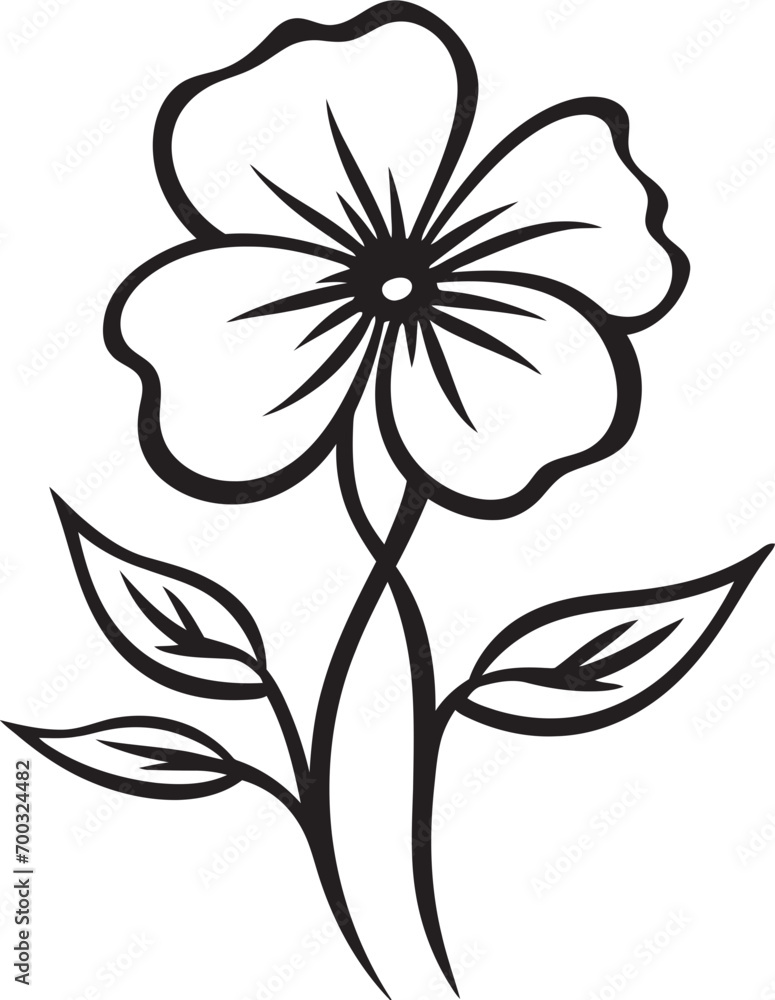 Fototapeta premium Whimsical Floral Outline Black Hand Drawn Emblem Artisanal Blossom Sketch Monochrome Vector Emblem