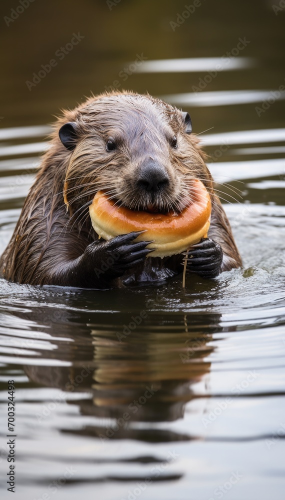 A beaver is holding a donut in its mouth. Generative AI. A beaver is holding a donut in its mouth. Generative AI.