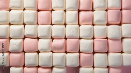  a close up of marshmallows with pink and white icing on a pink and white cake background.