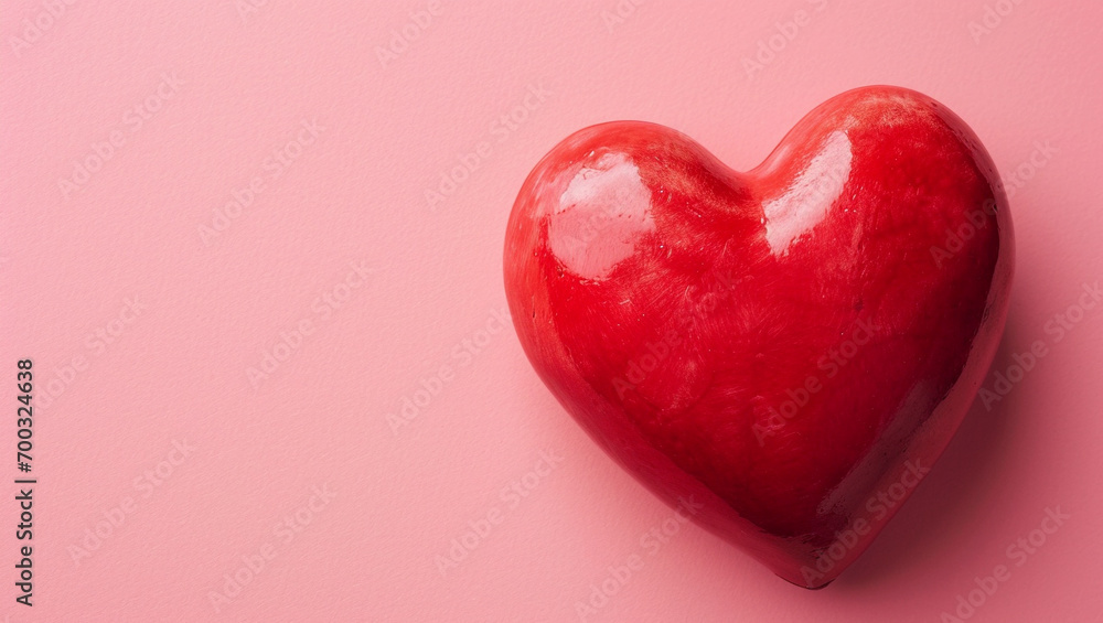 Red heart on pink background. One heart-shaped object is located to the side, there is space for text. Red heart on pink background. One heart-shaped object is located to the side, there is space for text.