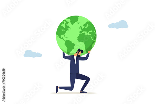 Businessman in atlas pose carrying green globe with seedling plant on his shoulder. Climate change and global warming responsibility, world leader commitment to take care our planet earth concept.