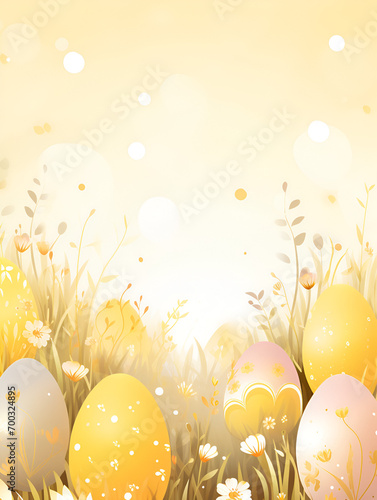 Yellow watercolor illustration with easter eggs, abstract background 