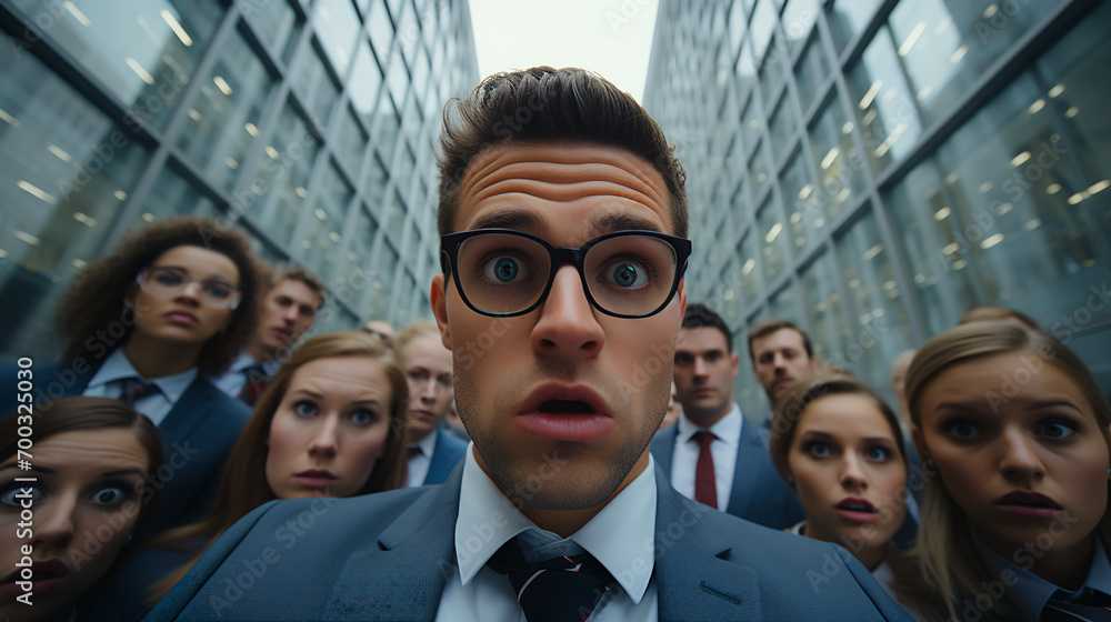 Obraz premium quirky and eccentric male office worker - low angle shot - close up shot - surprise - shock - reaction shot - high end business suit 