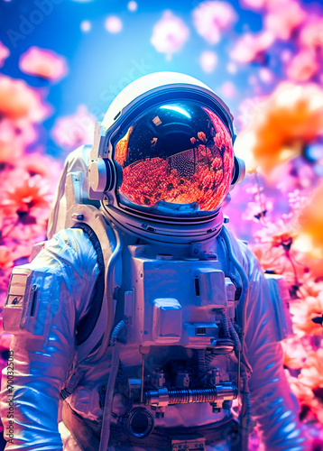 Astronaut portrait with beautiful flowers in bright colors. Inpiring poster, wallpaper or art print. photo