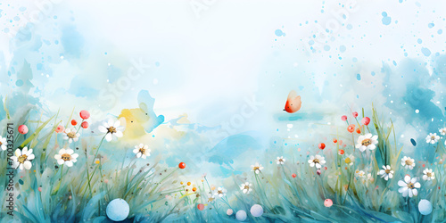 Pastel blue illustration with spring flowers, abstract background with copy space
