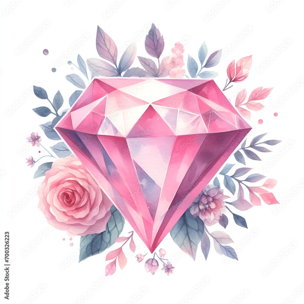 pink diamond crystal gem wealth symbol watercolor paint - obrazy, fototapety, plakaty 