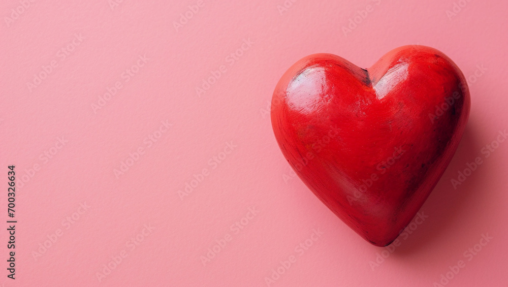 Red heart on pink background. One heart-shaped object is located to the side, there is space for text.