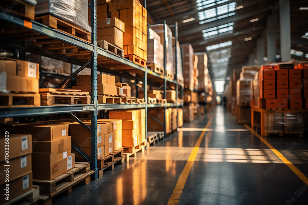 Warehouse or storehouse with rows of shelves and boxes. Industrial warehouse. Logistics and transportation blurred background. Product distribution center.