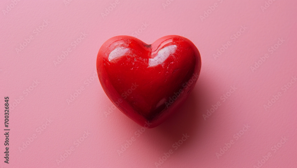 Red heart on pink background. One heart-shaped object is located to the side, there is space for text.