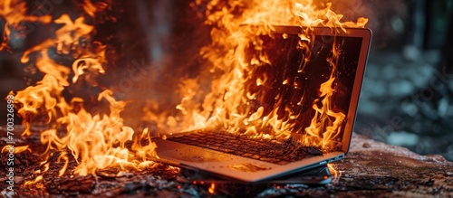 Laptop on fire, monitor watching, hot environment, world ablaze, data loss, laptop damage