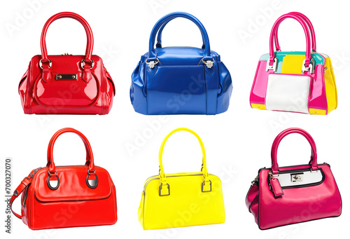 Set of various gorgeous colourful ladies handbags isolated on transparent background. Generative AI 