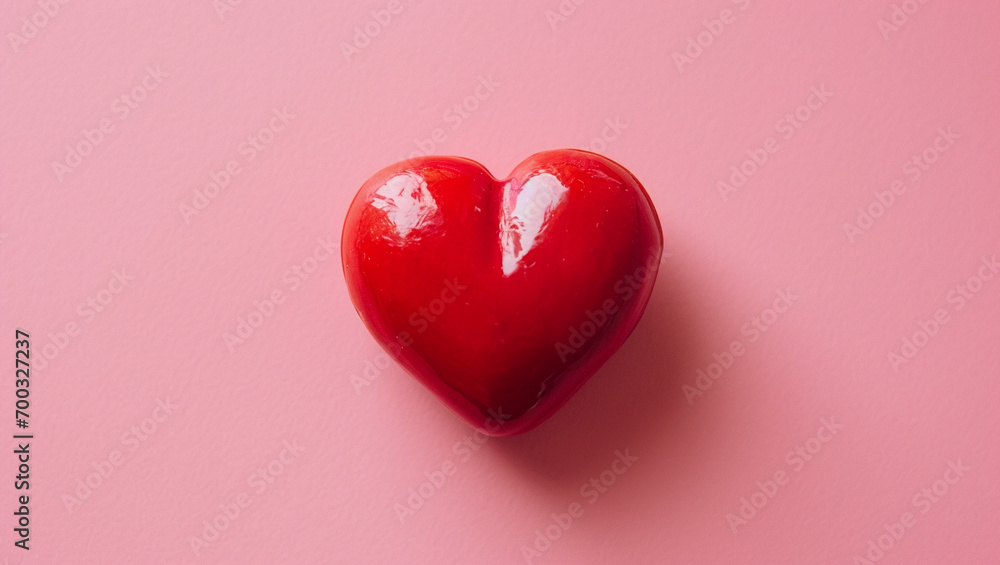 Red heart on pink background. One heart-shaped object is located to the side, there is space for text.