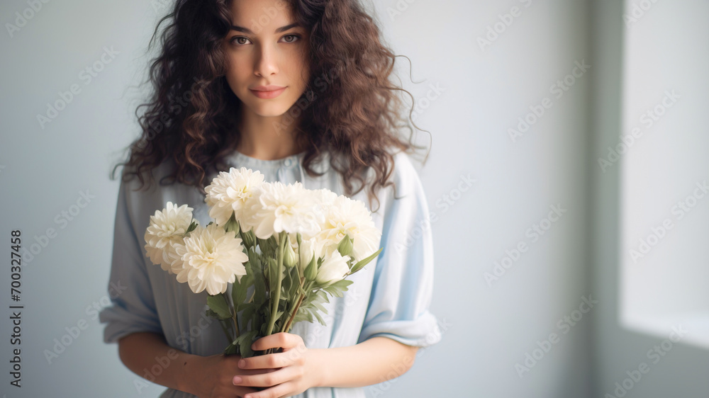 Brunette curly hair woman holding flowers and looking at camera. Copy space for text or advertisement Brunette curly hair woman holding flowers and looking at camera. Copy space for text or advertisement