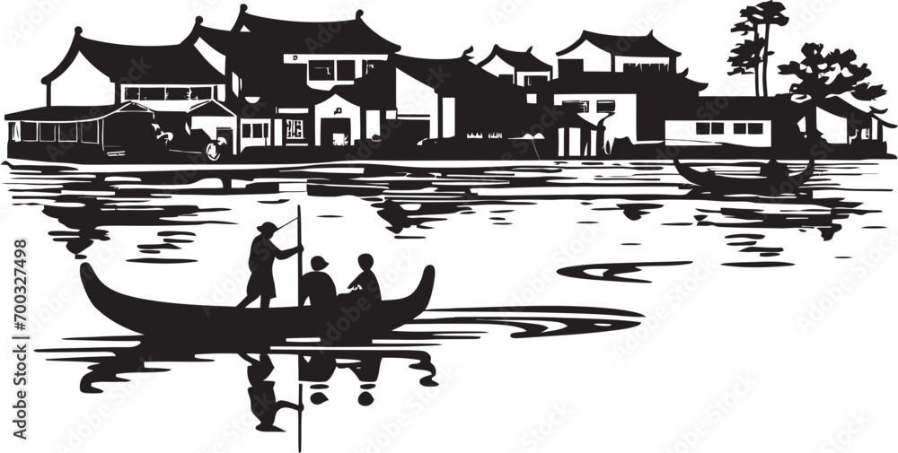 Fototapeta premium Classic Waterside Hamlet Vector Emblem Timeless Riverside Village Black Iconic Detail