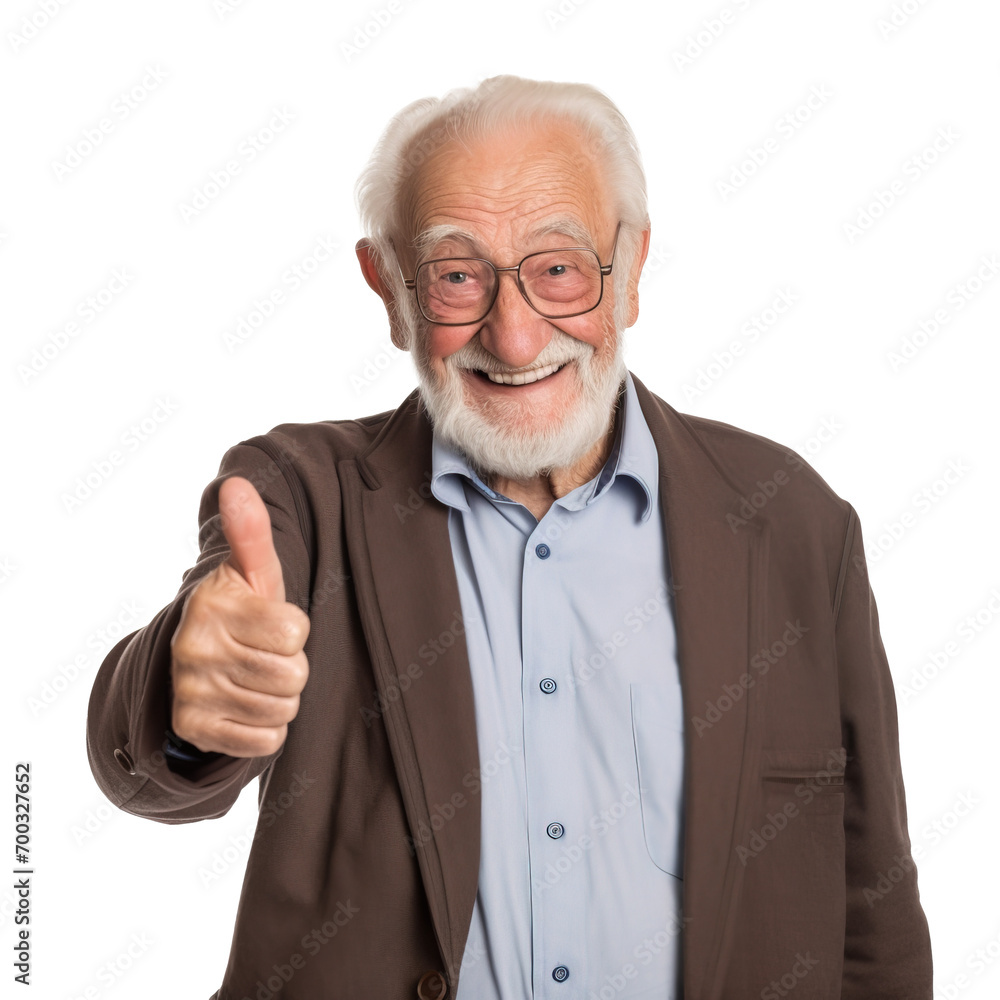 Old retired man giving thumbs up at camera. Portrait over white transparent background Old retired man giving thumbs up at camera. Portrait over white transparent background