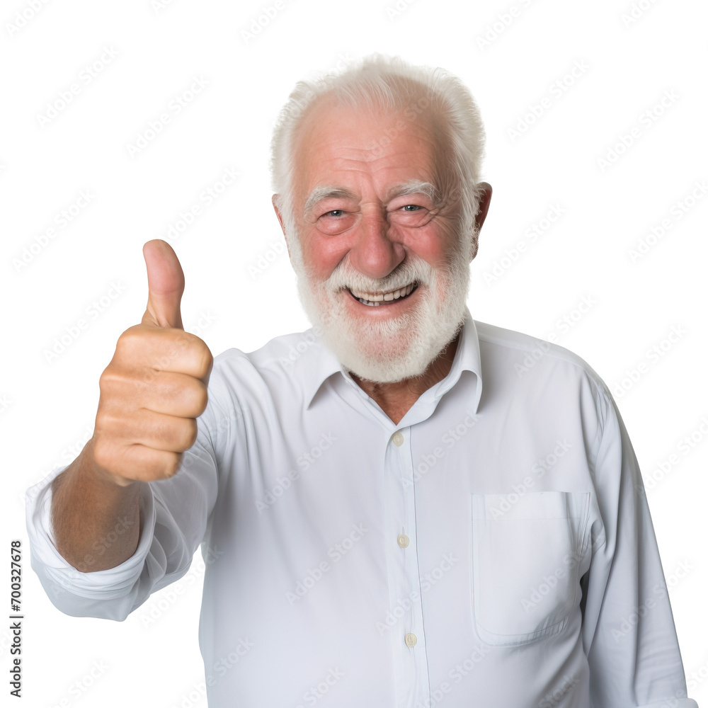 Elderly man smiling and doing approval sign with thumb over isolated transparent background Elderly man smiling and doing approval sign with thumb over isolated transparent background