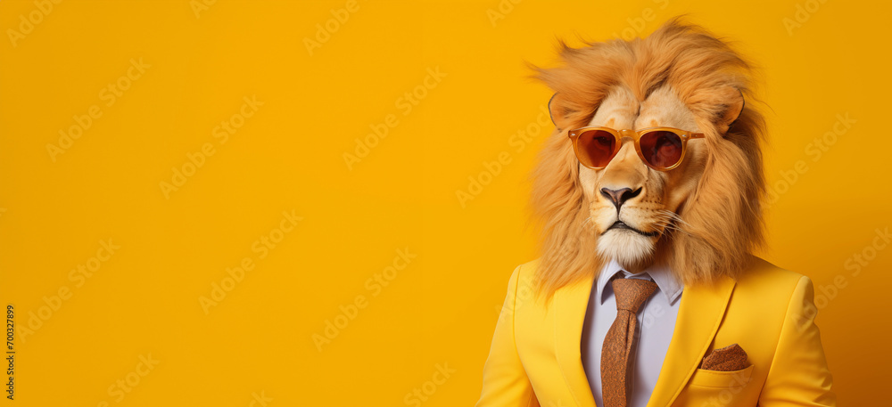 Modern Lion in fashionable trendy outfit with hipster glasses and yellow business suit. Creative animal concept banner. Pastel yellow background banner with copyspace. - obrazy, fototapety, plakaty 