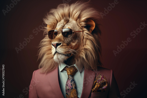 Powerful confident Bossy Lion in fashionable trendy outfit with sunglasses and business suit. Creative animal concept banner. Isolated on pastel marron brown background.