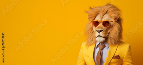Modern Lion in fashionable trendy outfit with hipster glasses and yellow business suit. Creative animal concept banner. Pastel yellow background banner with copyspace. photo