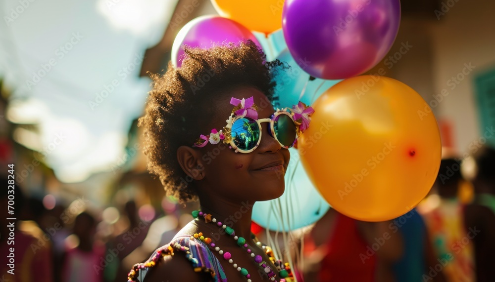 a girl wearing sunglasses holds balloons around her face