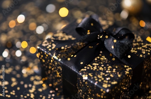 a black present with gold and ribbons