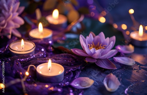 a bunch of tealight candles on a purple background with lotus flower