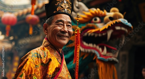 a man in a traditional chinese costume smiling next to a dragon
