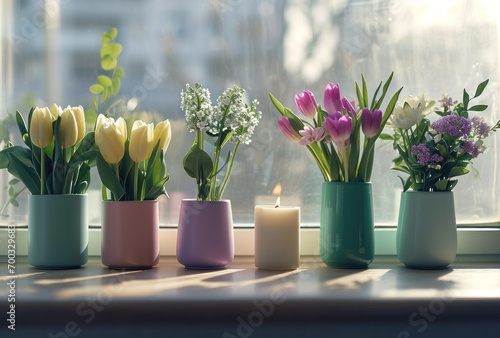 a window sill with vases of tulips and hyacinths #700329683