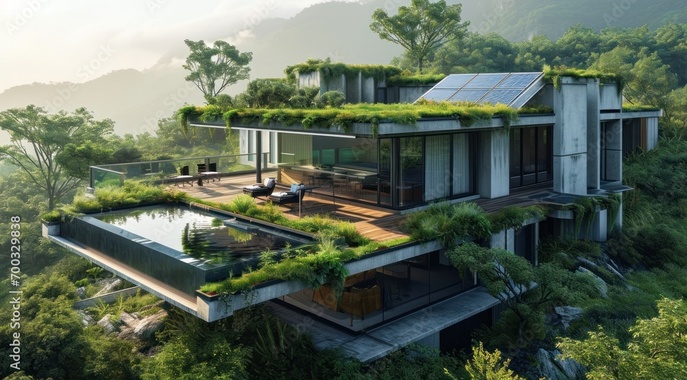 a home with green roofs and solar panels is shown a home with green roofs and solar panels is shown