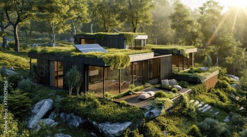 a home with green roofs and solar panels is shown