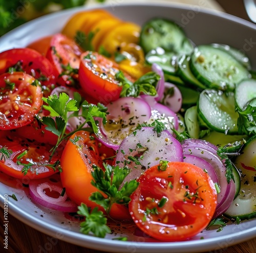 a simple salad, with olive oil, tomatoes and cucumbers