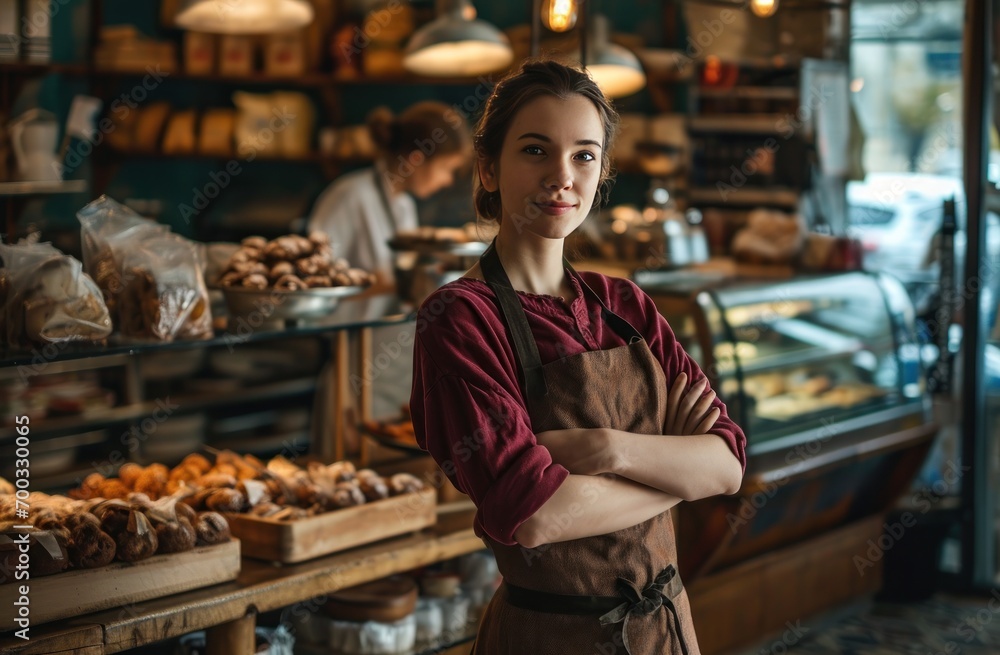 a very attractive woman in a bakery standing with her arms crossed
