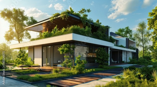 a home with green roofs and solar panels is shown © olegganko