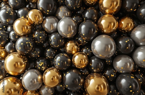 a wall of silver and golden balloons on white background