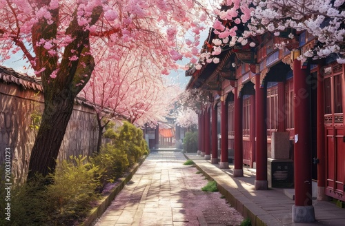 a narrow alley leading to a pagoda with white blossoms on either side