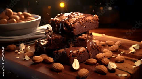 Chocolate brownies with almonds and hazelnuts on a wooden table photo