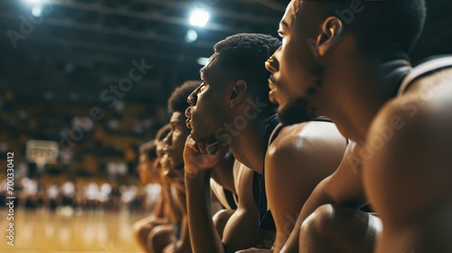 A basketball team strategizing during a timeout, showing teamwork and focus. photo