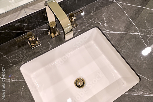 Looking down at bathroom vanity sink