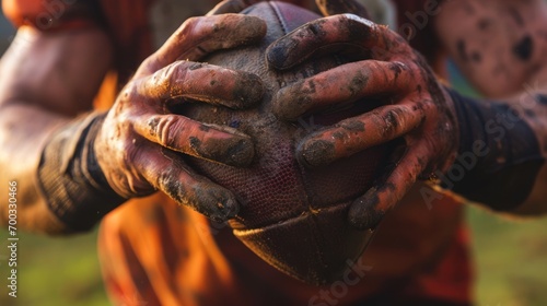 A close-up of an American football player's hands tightly gripping the ball, emphasizing strength and focus.