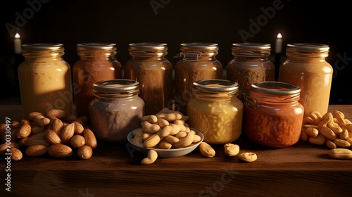 3d rendering of various types of nuts in a glass jar.