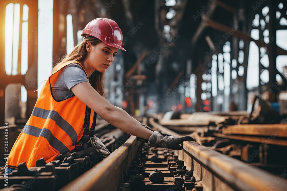 Female worker in orange vest and hardhat inspecting and repairing railroad tracks. Railway maintenance and safety concept. Women's Day and Feminism. Working in a factory