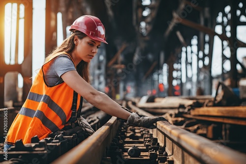 Female worker in orange vest and hardhat inspecting and repairing railroad tracks. Railway maintenance and safety concept. Women's Day and Feminism. Working in a factory photo
