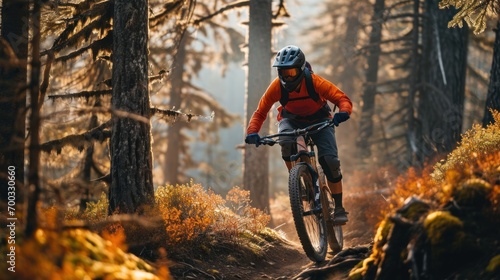 A mountain biker navigating a challenging trail, focus on concentration and skill.