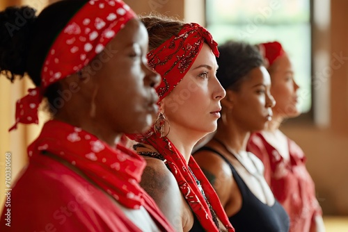 Group of diverse women wearing red bandanas around their heads. Activists, feminists, or revolutionaries. Women's Day, Feminism concept. Rosie the Riveter